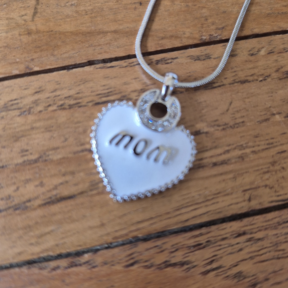 Silver Heart Necklace with 'Mom' Inscription